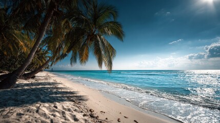 Idyllic Tropical Beach with Palm Trees and Sparkling Blue Ocean Waves