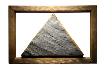 Stone triangle inside wooden frame isolated on white background