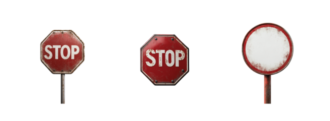 Weathered stop signs trio on black background