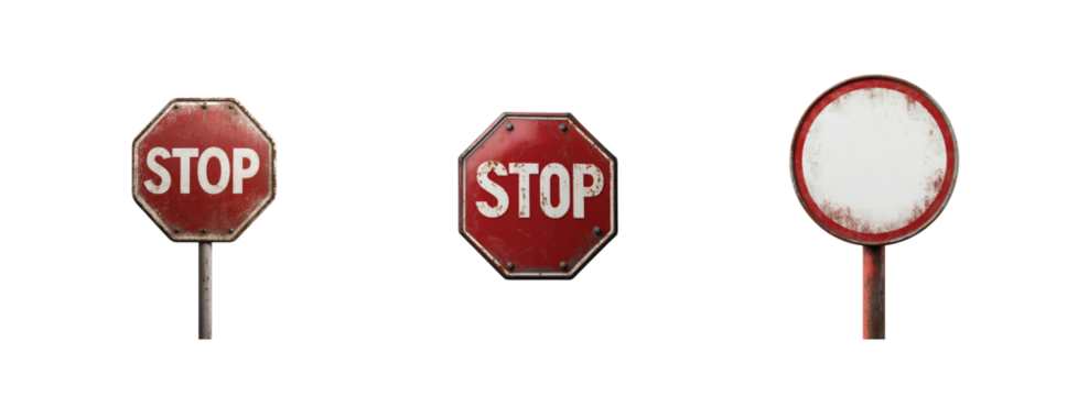 Weathered stop signs trio on black background