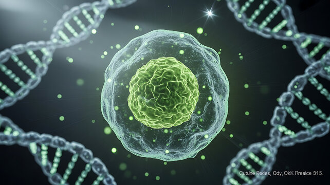 Digital Illustration of Glowing Biological Cell Surrounded by DNA Strands in Molecular Space
