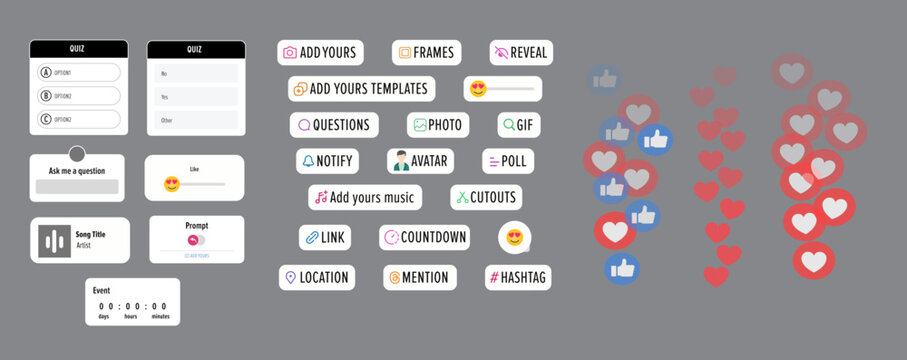  Instagram stories polls. Social media icons and functional stickers, hashtag location mention poll slider. Vector stories popular UI elements, Stories