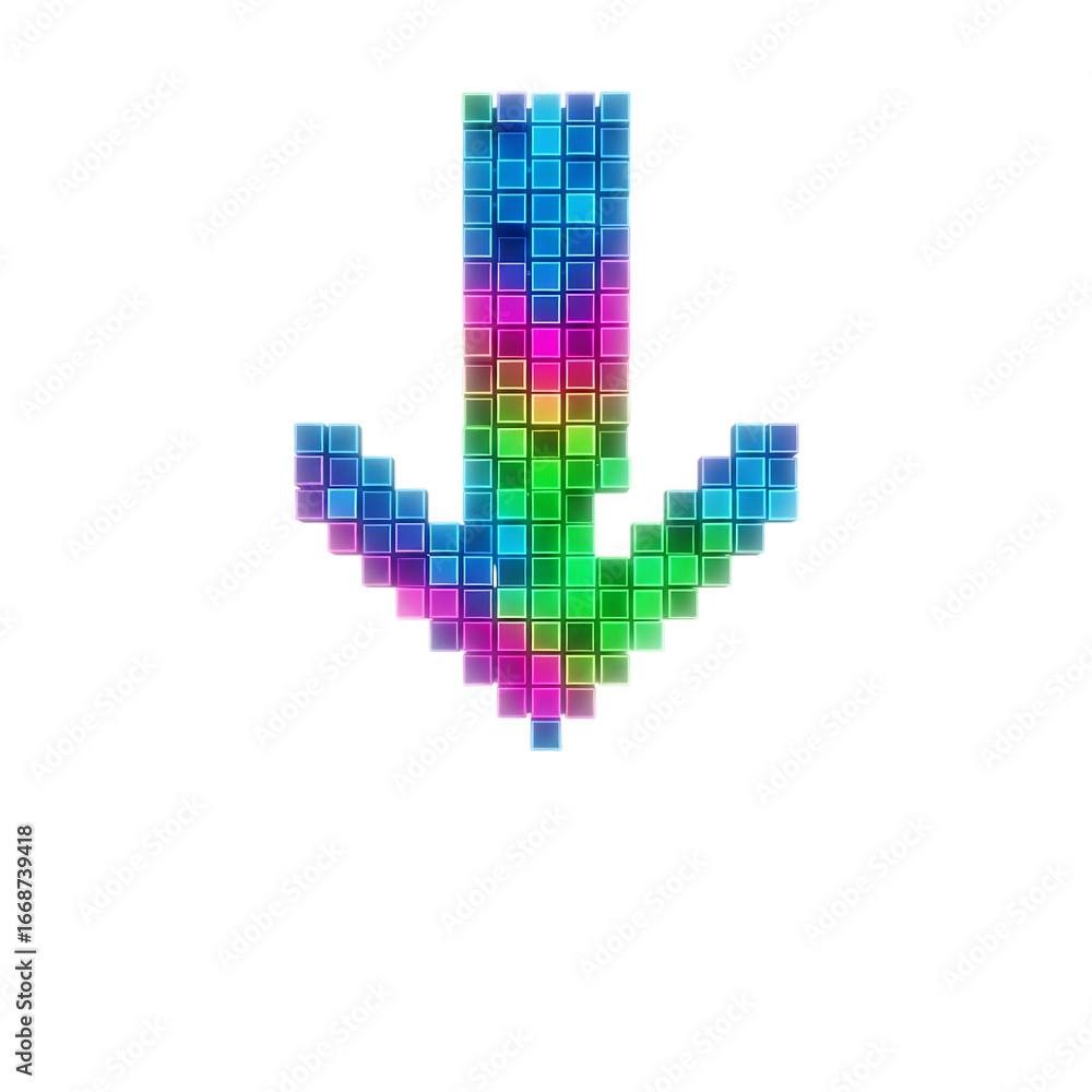 Aufkleber vibrant pixelated arrow symbol pointing downward with rainbow color gradient effect glowing in the d