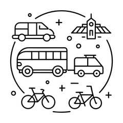 Diverse transportation methods and travel icons in a circular design