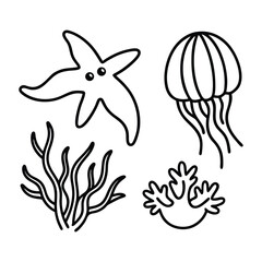 Cute cartoon outline of marine life and coral