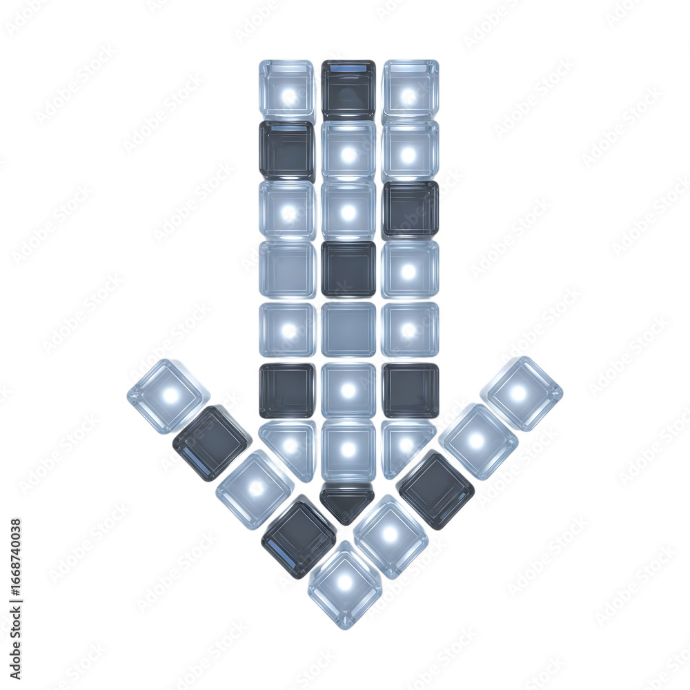 Poster illuminated arrow down directional sign made of bright glowing cubes pointing downward isolated on t
