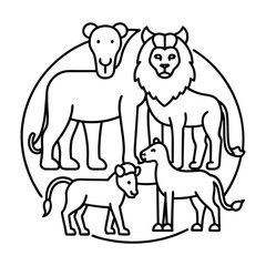 Stylized line art of a lion family and a lioness in a circle