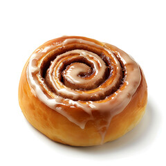 Fototapeta premium A freshly baked cinnamon roll with a glossy icing drizzle, presented against a clean white background.
