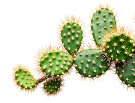  green prickly pear cactus pads with sharp thorns isolated on transparent background