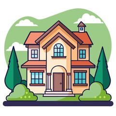 Naklejka premium Charming cartoon illustration of a two story suburban house with trees and clouds