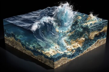 Isometric Ocean Cross-Section with Waves Crashing on Rocky Shore, Black Background