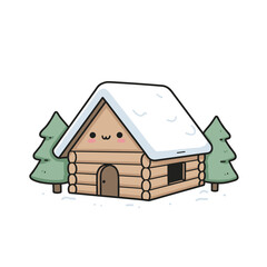 Cute cartoon cabin with snow surrounded by evergreen trees  
