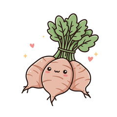 Cute cartoon root vegetables with smiling faces and green tops  