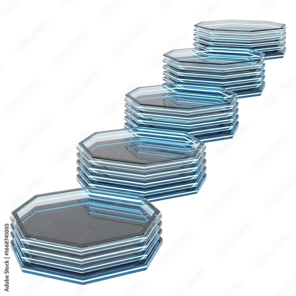 Poster stack of octagonal mirrors reflecting light cascading downward in diagonal rows isolated on a dark b