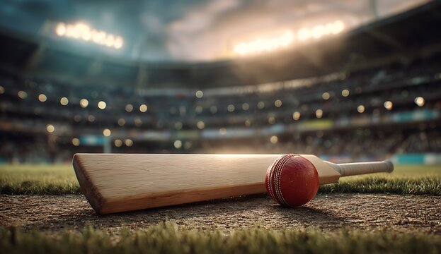 Cricket bat and ball on field under stadium lights