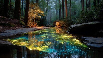 Sparkling blue creek in lush forest high resolution photo
