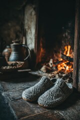Cozy Wool Slippers by Fireplace with Rustic Kettle and Wooden Floor © Paulo