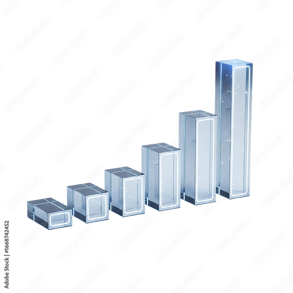 Poster rising financial success graph represented by clear glass skyscraper towers increasing in height and