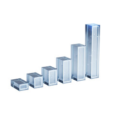 Fototapeta premium Rising financial success graph represented by clear glass skyscraper towers increasing in height and size against a dark backdrop symbolizing growth isolated on transparent background