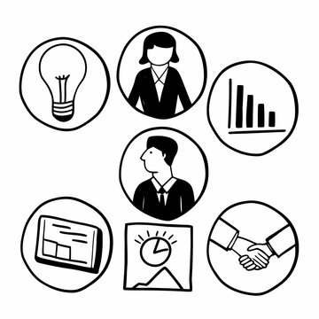 Hand drawn business and finance icons in circles
