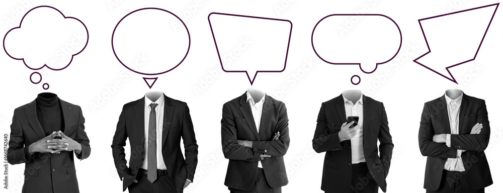 Poster group of headless men in suits with different speech bubble outlines above each, isolated on white b