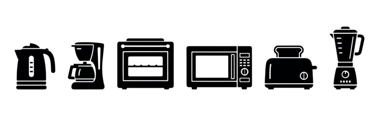 Kitchen appliance silhouettes vector set showing electric kettle, oven, microwave, toaster, and blender for cooking and home essentials