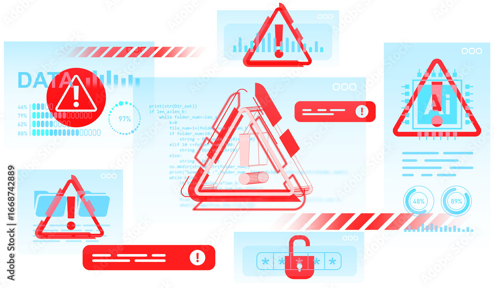 Poster red cybersecurity alert symbols with exclamation marks, padlocks, and data graphics in drawing style
