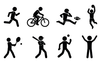 Stickman sports activity silhouettes vector set featuring running, cycling, football, basketball, tennis, weightlifting, and fitness exercises for athletic design projects