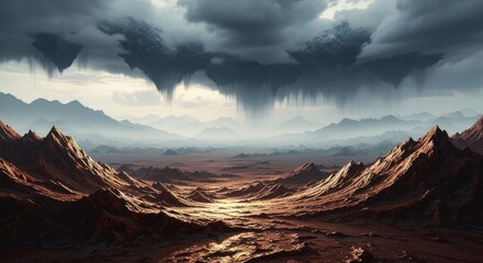 Ethereal Floating Islands Amidst a Stormy Landscape