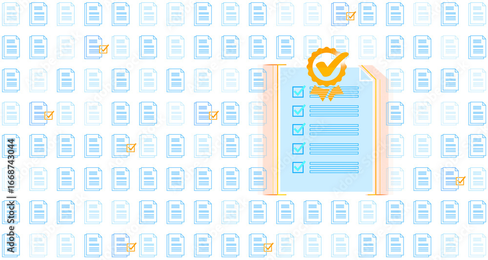 Poster certified checklist drawing with blue checkmarks on isolated document, surrounded by paper sheet ico