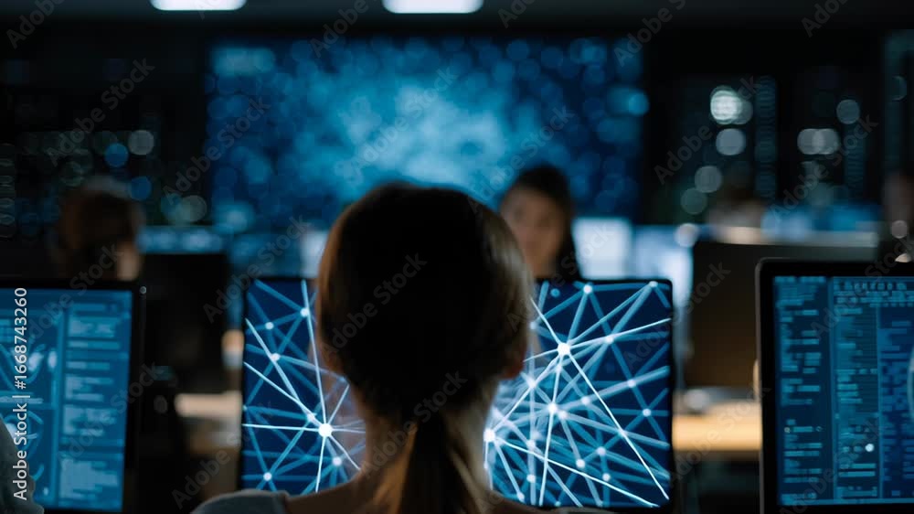 Poster woman working at computer with ai network visualization, technology boom, innovation focus, digital 