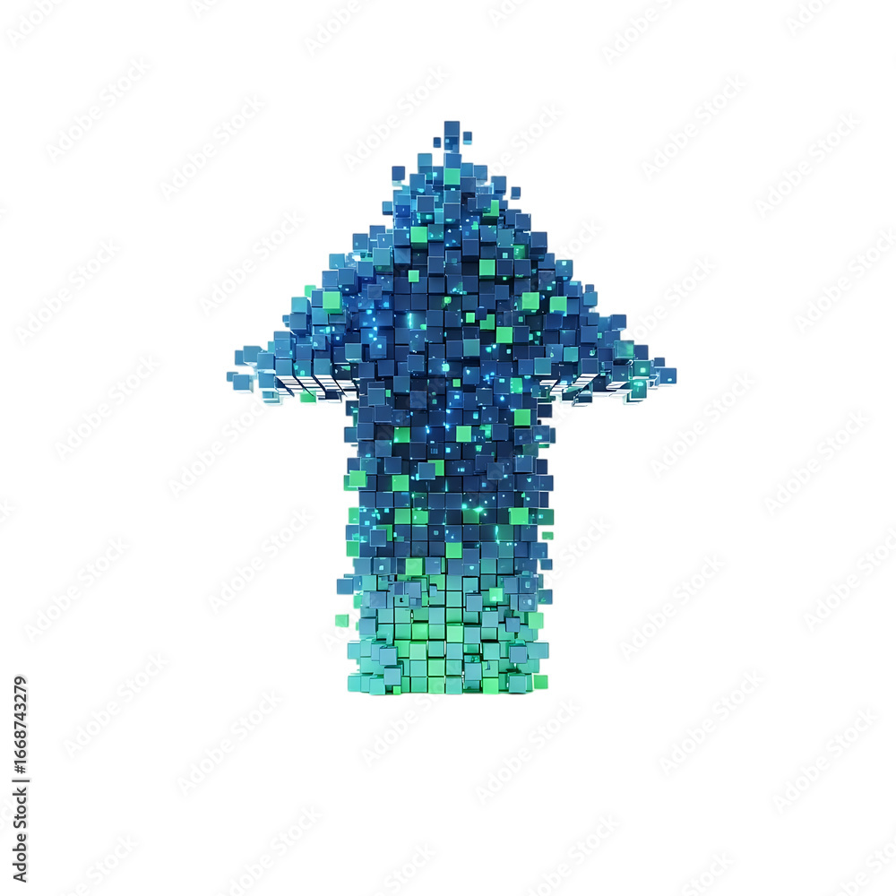 Poster glows upward arrow symbol abstract digital pattern with blue and green light effects on black isolat