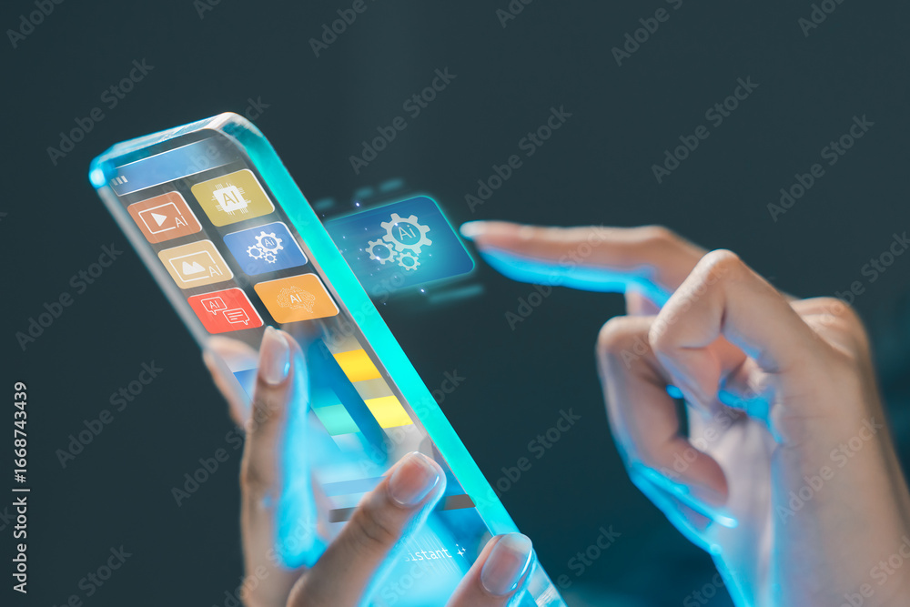 Poster futuristic transparent smartphone with ai interface and holographic screen, showing artificial intel
