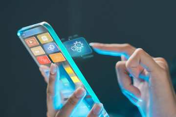Futuristic transparent smartphone with AI interface and holographic screen, showing artificial...