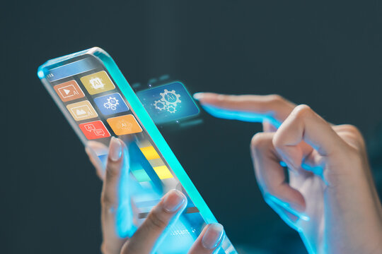 Futuristic transparent smartphone with AI interface and holographic screen, showing artificial intelligence apps and innovation technology for smart communication and automation.