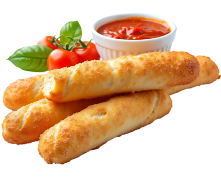  breadsticks with tomato sauce and fresh basil, isolated on transparent background