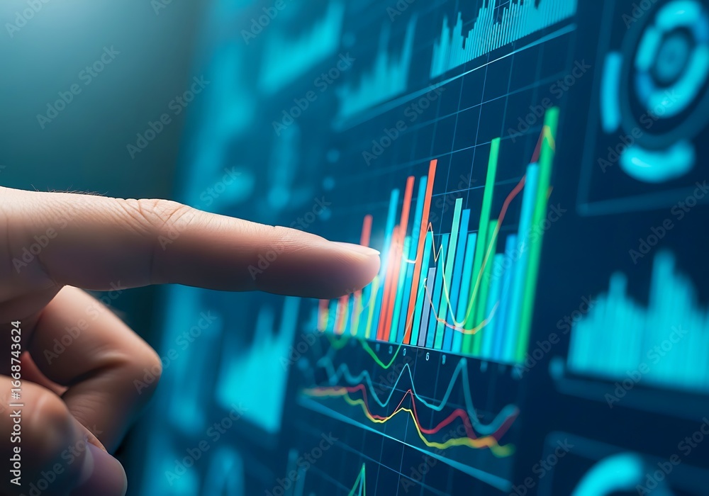 Poster hand pointing at a colorful financial data graph on a digital screen