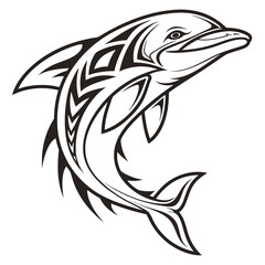 Naklejka premium Black and white tribal dolphin jumping on a white background vector