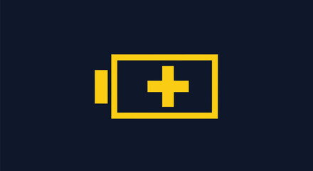 Obraz premium Yellow battery icon with plus sign showing charging status.