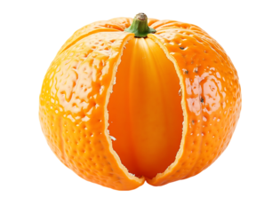 a ripe orange fruit, partially peeled open, isolated on a transparent background, showcasing its juicy segments and vibrant color