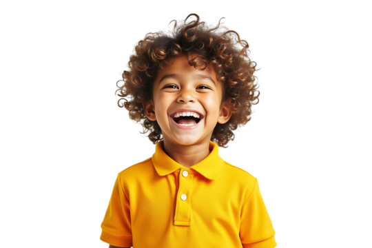 a happy young boy with curly hair laughing, isolated on transparent background