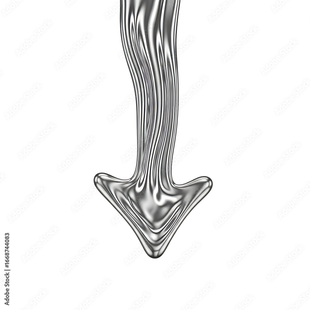 Poster abstract metallic downward pointing arrow with warped effect and liquid chrome texture isolated on t