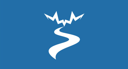 Stylized River and Mountain Symbol on Blue Background.