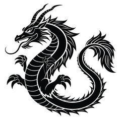 Naklejka premium Black Silhouette of a Fierce Dragon with Sharp Claws and Horns mythical creature