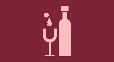Minimalist wine bottle and glass with falling liquid drop.