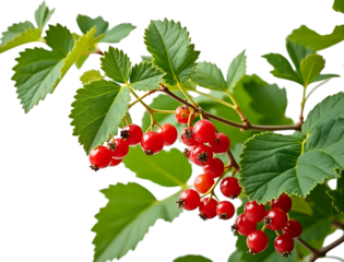  red currant berries on a branch with green leaves, isolated on transparent background