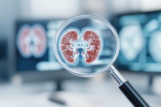 Anatomy of Health: A detailed medical illustration highlights a kidney through a magnifying glass in a sterile setting, signifying medical expertise and investigation.