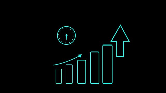 A line drawing showing a clock with bar graph elements indicating time tracking Animation of a business Icon, growth chart outline icon, looping animation.
