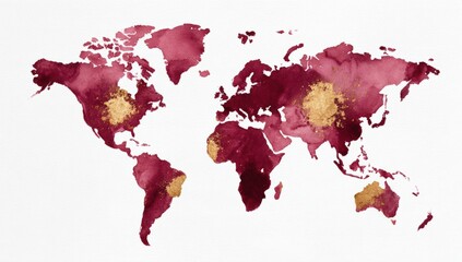 World map, burgundy watercolor, gold accents