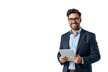  smiling businessman in suit holding a tablet, isolated on transparent background